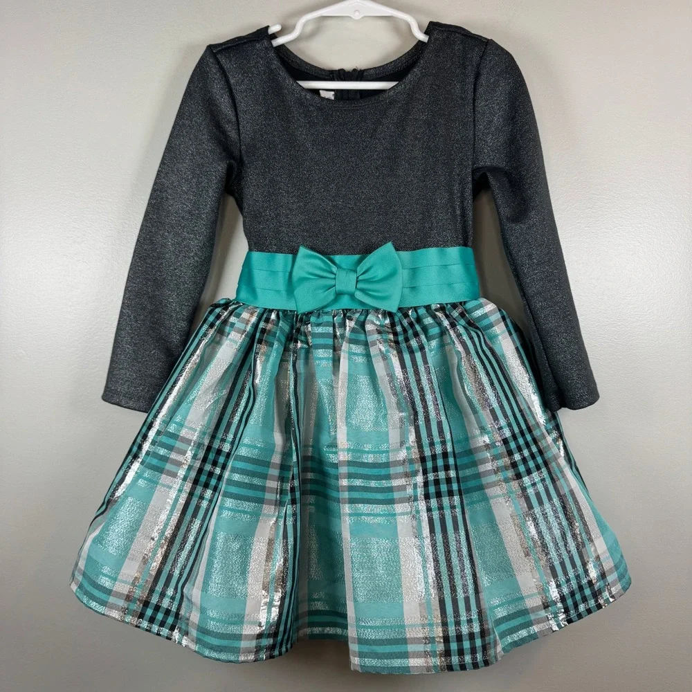 Bonnie Jean Girls 4 Teal Plaid Metallic Holiday Party Dress Long Sleeve Easter‎